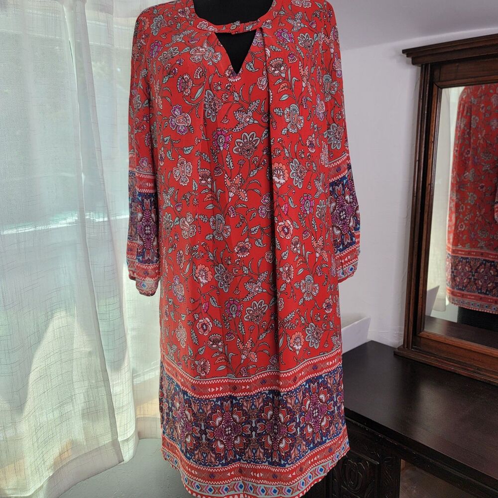 Skies Are Blue Floral Border Print Shift Dress Size S Sheer Sleeve Flowy Boho